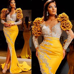 2021 Plus Size Arabic Aso Ebi Yellow Sparkly Mermaid Prom Dresses Sheer Neck Sequined Evening Formal Party Second Reception Gowns Dress 298Z