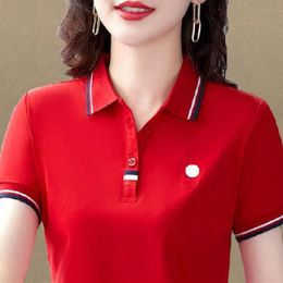Women striped polo women's t-shirt shirt Summer Casual Short Sleeve Top Button Lapel T shirt badge embroidered Multicolor Slim Fit all-match clothing
