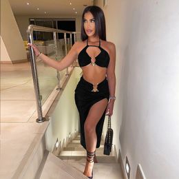 Work Dresses Solid Hollow Out Sexy 2 Piece Matching Set Women Summer Halter Neck Body Top Split Skirt Party Club Festival Outfit