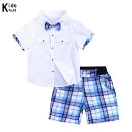 Clothing Sets Children Clothing Boys Summer Clothes 2024 Short Sleeve Bow Tie Shirt+Plaid Shorts Suit Kids Clothing Set for 2-6Y Babies Y240515