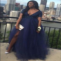 Navy Blue Split Prom Dresses Plus Size Black Girl 2019 Beaded Top Tulle Skirt A Line V Neck Evening Gowns Maternity Vestidos 253o