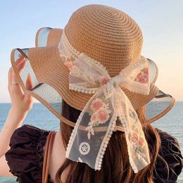 Wide Brim Hats Bucket Hats Fashionable womens sun hat used for summer wave Brim embroidered floral design breathable mesh lace ribbon polyester 55-58cm B240516