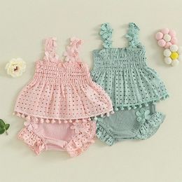 Clothing Sets VISgogo Born Baby Girls Summer Outfit Solid Color Cutout Pleated Tank Tops And Ruffle Shorts Toddler Casual Set