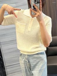 Women's T Shirts 2024 Hollow Out Knit T-Shirt Contrast Color Turn Down Collar Summer Ladies Half Open Buttons Short Sleeve Tops