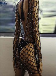 Vestido de biquíni sólido de malha cintilante cobertura de malha de manga comprida Crochet de crochê de crochê de made