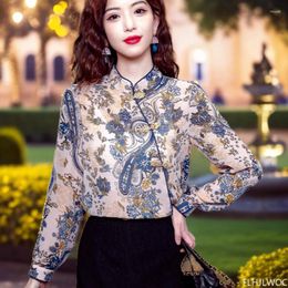 Women's Blouses Thin Transparent Chi-pao Collar Design Tops 2024 Spring Women Office Lady Girls Elegant Printing Retro Shirt Blouse Vintage