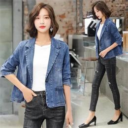 Women's Jackets 2024 Korean Womens Denim Suit Jacket Spring Autumn Pocket Jeans Outwear Female Slim One Button Long Sleeve Coat