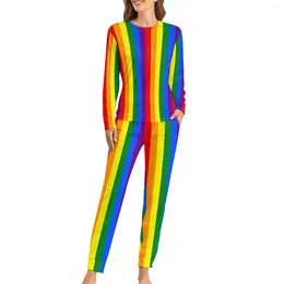 Women's Sleepwear Rainbow Print Pajamas Women Colorful Stripes Trendy Spring 2 Piece Casual Loose Oversized Set