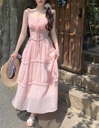 Casual Dresses 2024 French Sweetheart Fairy Pink Spaghetti Strap Dress Women Elegant Summer Sleeveless Ruffle Printed Chiffon Long