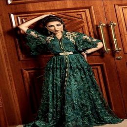 Hunter Dark Green Formal Evening Dresses with Long Sleeve 2019 Dubai Arabic Muslim Kaftan Abaya 3D Floral Lace Occasion Prom Gown 265U