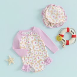 Princess Floral Print Baby Girls Rash Bikini Beachear Swimwear Infant Withust Swompers Summer Super With With Swim Cap 240511