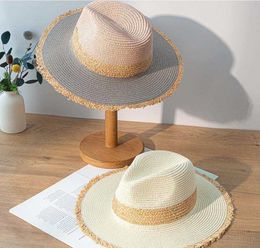 Retro Color Matching Fringed Ladies Straw Hat Fashion Wide Flat Brim Jazz Top Beach Sun For Summer UV UPF50 2105314642237
