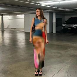 Casual Dresses Fashion Women Blur Print Tank Dress Sleeveless Maxi Backless Slim Fit Split Long Night Party Ladies Summer Wear