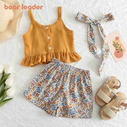 Clothing Sets Bear collar girl clothing set summer solid hanging T-shirt top+floral shorts set 2 pieces childrens clothing set 2 pieces WX