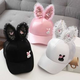 Cute Baby Hat With Ears Cartoon Rabbit Toddler Baseball Cap Sequins Kids Sun Hats Lace Infant Caps Children Accessories 1-3years L2405