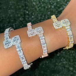 New Iced Out Bling Opened Square Zircon Charm Bracelet Gold Silver Color Rectangle AAA CZ Bangle For Men Women Hiphop Jewelry