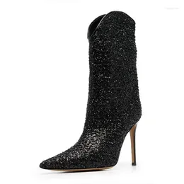 Boots Black Sequin Sparkly Pointy Toe Slip-On Stiletto Heel Booties