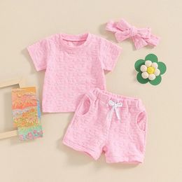 Clothing Sets Baby Toddler Girls Summer Shorts Set Short Sleeve T-shirt Top Drawstring With Hairband Outfit