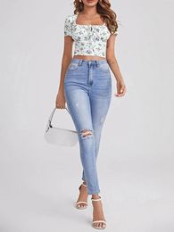 Women's Tanks Crop Tops Slim Fit Square Neck Short Sleeve Front Tie-Up Showing Navel Floral Shirt For Summer