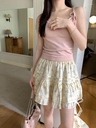 Skirts 5Color Summer Mini Skirt 2024 Korean Style Girls Bowknot Pleated Womens High Waist Cake A Line Saia (X3309)