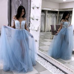 New Customise Beautiful A-Line Illusion Neckline Light Blue Tulle Party Prom Dress with Lace Bodice Long Prom Evening Dresses 320l