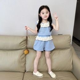 Clothing Sets Girls Fashion Sports Casual Suit 2024 Spring And Summer Short Sleeve Sleeveless Lace Top Shorts Two-piece Set