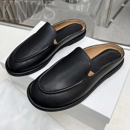 Slippers Summer Round Toe Classical Loafers For Women Genuine Leather Soft Comfortable Slip On Lazy Mules Flat Casual 2024