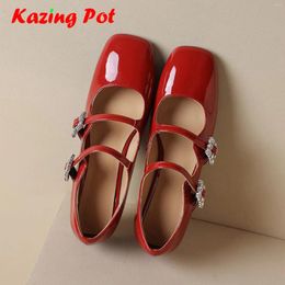 Dress Shoes Krazing Pot Cow Leather Square Toe Women Summer Street Wear Low Heels Buckle Straps Gorgeous Mary Janes Crystal Pumps