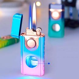 Th617 New Blue Light Gradient Dual Flame Jet Flame Lighter Metal Visible Gas Unfilled Windproof Cigar Lighter Wholesale