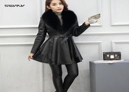 Women039s Leather Faux SWYIVY Jacket Coat Women PU Imitation Fur Collar Mid Long Winter 2021 Female15876079