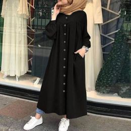 Casual Dresses Women'S Long Dress Solid Color Robe Button V Neck Elegant Sleeve Large Female 2024 Fashion Swing Shirt