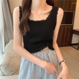 Women's Tanks Women Lace Patchwork Tank Tops Fashion Sleeveless Vest Ladies Square Neck Corset Top Summer Slim Fit Cropped Y2k Streetwear