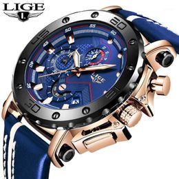 Wristwatches Relogio Masculino LIGE Mens Watches Top Sport Watch Men Black Leather Analogue Quartz Waterproof Box1 270M