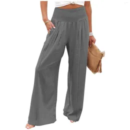 Women's Pants Casual Wide Leg Summer Cotton Linen Baggy Long High Waisted Ruched Palazzo Beach Loose Fit Straight Trousers