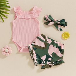 Clothing Sets FOCUSNORM 3pcs Infant Baby Girls Clothes Set 0-18M Sleeveless Ruffles Ribbed Romper With Camouflage Shorts And Hairband