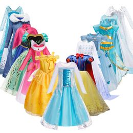Costume de cosplay de carnaval de meninas crianças princesas crianças Anna Elsa Jasmine Aurora Ariel Dress Girl Halloween Festa de Natal L2405