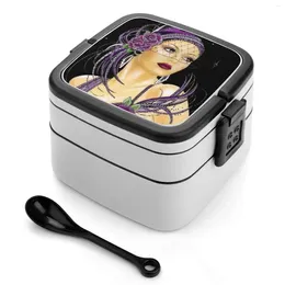Dinnerware Flapper Vintage 1930 Art Deco Print Double Layer Bento Box Portable Lunch For Kids School Flappers Hat Flowers
