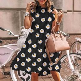 Basic Casual Dresses Little Daisy Sunflower Slveless Print Dress Womens Summer Casual Crew-neck Vintage Mini Dress Mini Skirt Y240515