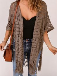 Women's Knits Solid Color Mesh Sheer Knitted Tunic Beach Cover-ups Wear Female 2024 In Summer Sexy Fringe Women Tassel Cardigan