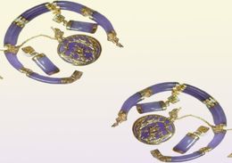 Purple Jade Gold Plated Fortune Dragon Phenix Bracelet Pendant Necklace Earrings3413785