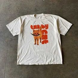 Men's T-Shirts Y2k Mens Summer Harajuku Street Clothing Orange Cat Print Classic Short Sleeve Slim Fit Top Womens T-shirt J240515
