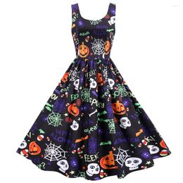 Casual Dresses Vintage Skull Bat Print For Women Halloween Costumes Straps Sleeveless 1950s Housewife Evening Party Prom Dress Vestidos