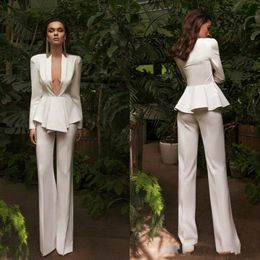 Chic Women Suits Evening Dresses Sexy Deep V Neck Long Sleeve Pant Suit Prom Gowns Party Wear 271s