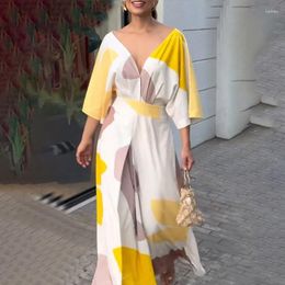 Casual Dresses Women Elegant Clashing Colour Printed Long Dress Sexy Deep V-neck Hight Waist Maxi Casaul Half Sleeve Draped Party