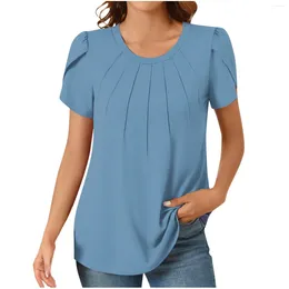 Women's Blouses Ruffle Short Sleeve Shirt For Women Ladies Casual Crew Neck Front Pleated Tops Summer Fashion Commuting Versatile Clothes