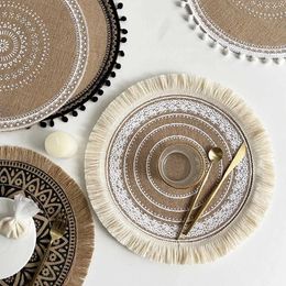 Mats Pads Round Placemat Cotton Place Mats Heat Resistant Anti-Slip Rustic Cloth Table Mats with Tassels for Dining Table Decorations J240514