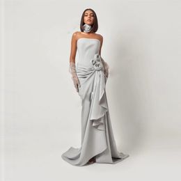Light Sliver Mermaid Prom Dresses Satin Strapless Long Formal Prom Dress with Flower Long Arabic Dubai Evening Gown