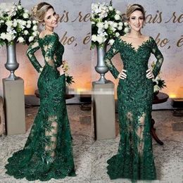 Newest Dark Green Mother of The Bride Dresses Sheer Jewel Neck Lace Appliques Long Sleeve Mermaid Formal Evening Prom Dress 275E