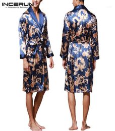 INCERUN Fashion Satin Silk Pajamas Mens Robe Long Sleeves Bathrobe Lucky Chinese Dragon Print Gown Bathrobe Sleepwear Lounge117246484
