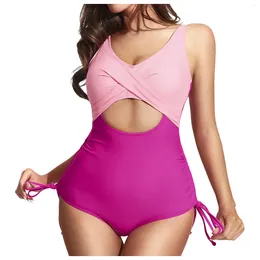 Women's Swimwear Monokini Pink Contrast Colour V-Neck Racerback Tie Waist Side Drawstring Hollow Out Suspender Bathing Suits